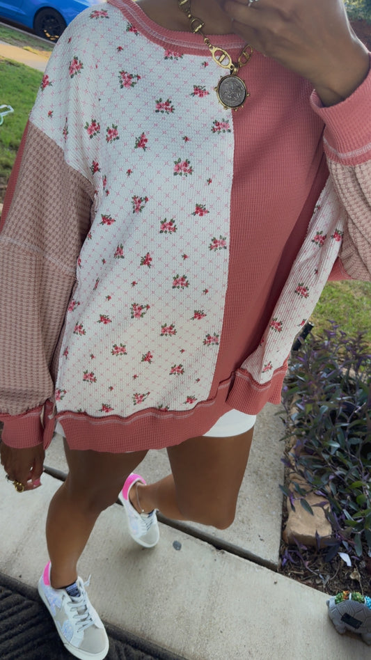 Dusty Rose Floral Patchwork Colorblock Sweatshirt