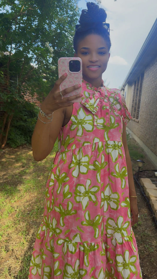Pink & Green Floral Print Midi Dress Large Bow Detail