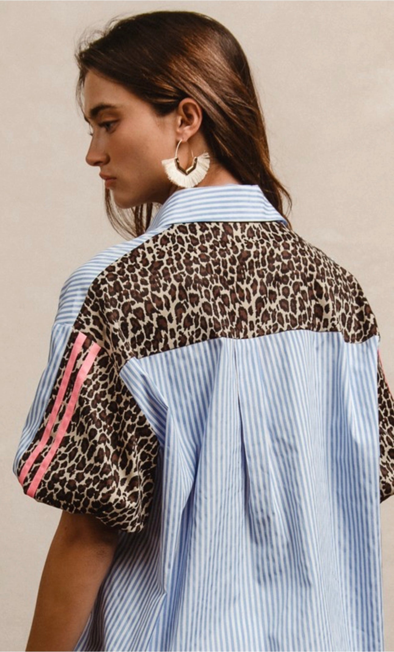 Striped Leopard Print Button Down Top