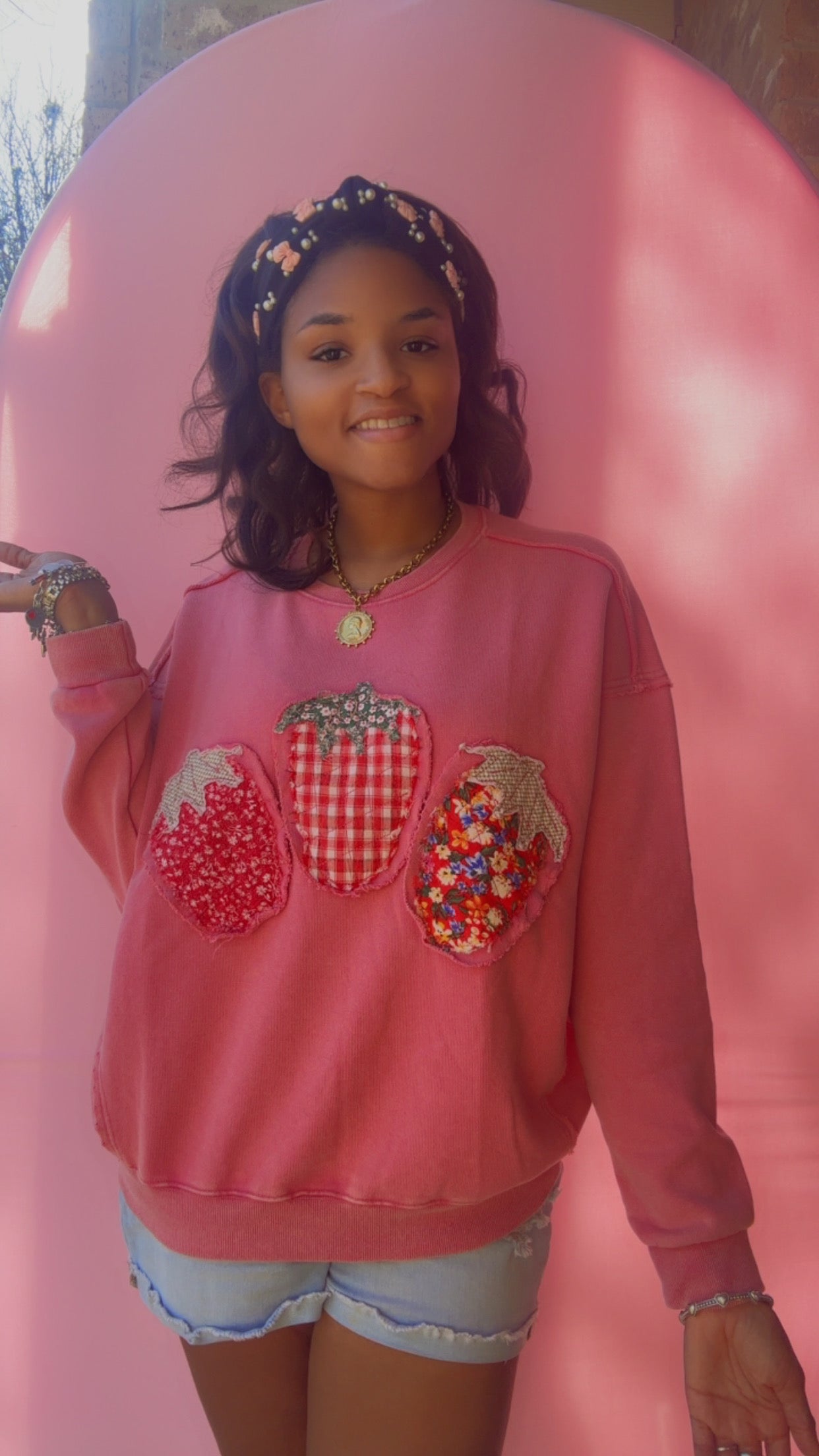 Fresh Pick Fruit Patch Pullover Top Strawberry Patchwork Sweatshirt