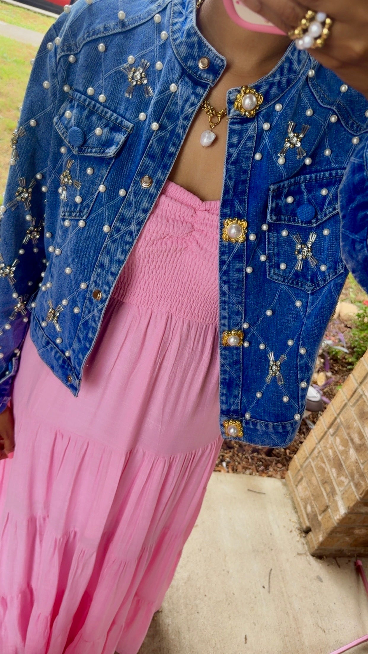 Pearl & Rhinestone Embellished Denim Jacket