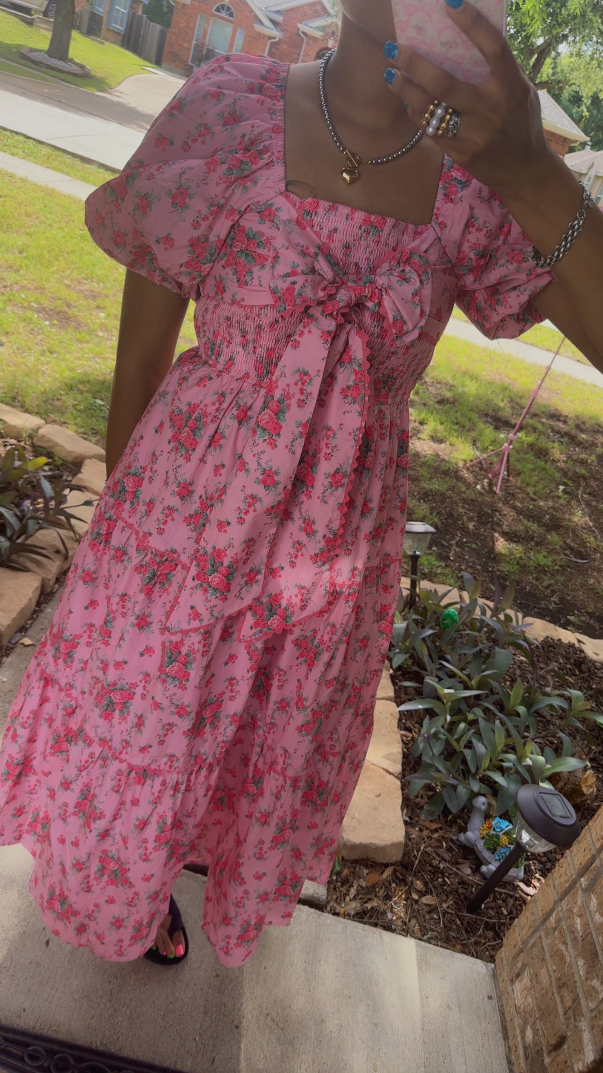 Pink Floral Printed Tiered Maxi Dress Front Bow Detail Bubble Sleeve