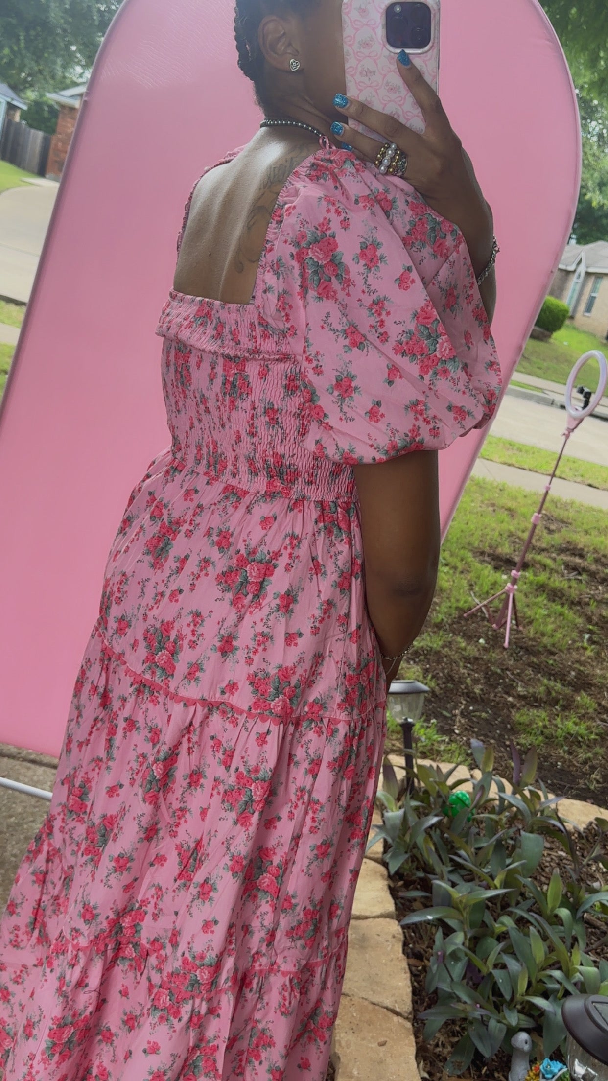 Pink Floral Printed Tiered Maxi Dress Front Bow Detail Bubble Sleeve
