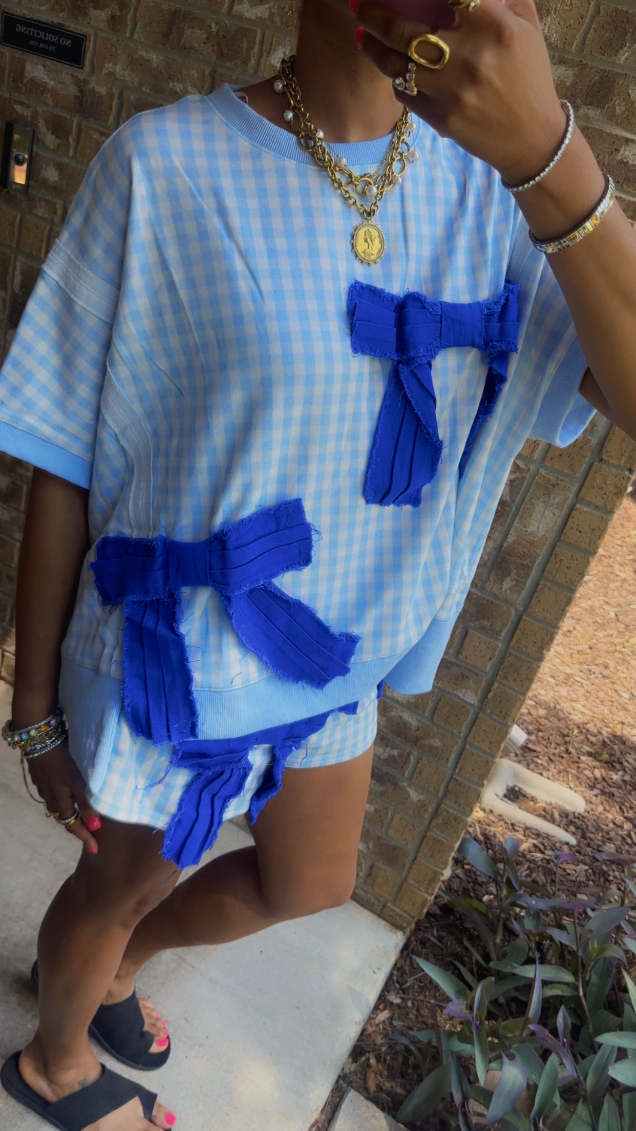 Blue Gingham Terry Denim Frayed Bow Detail TOP ONLY