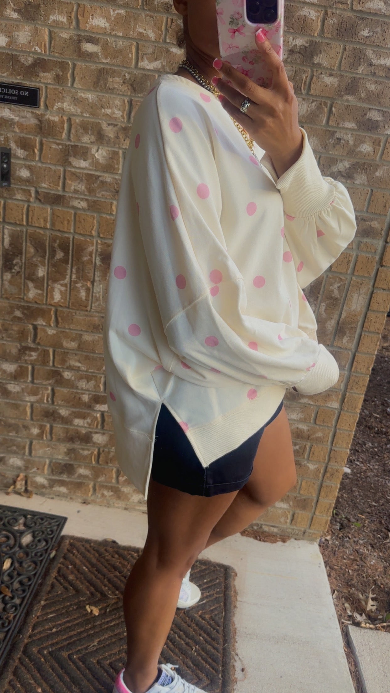 Ivory & Pink Polka Dot Print French Terry Oversized Sweatshirt
