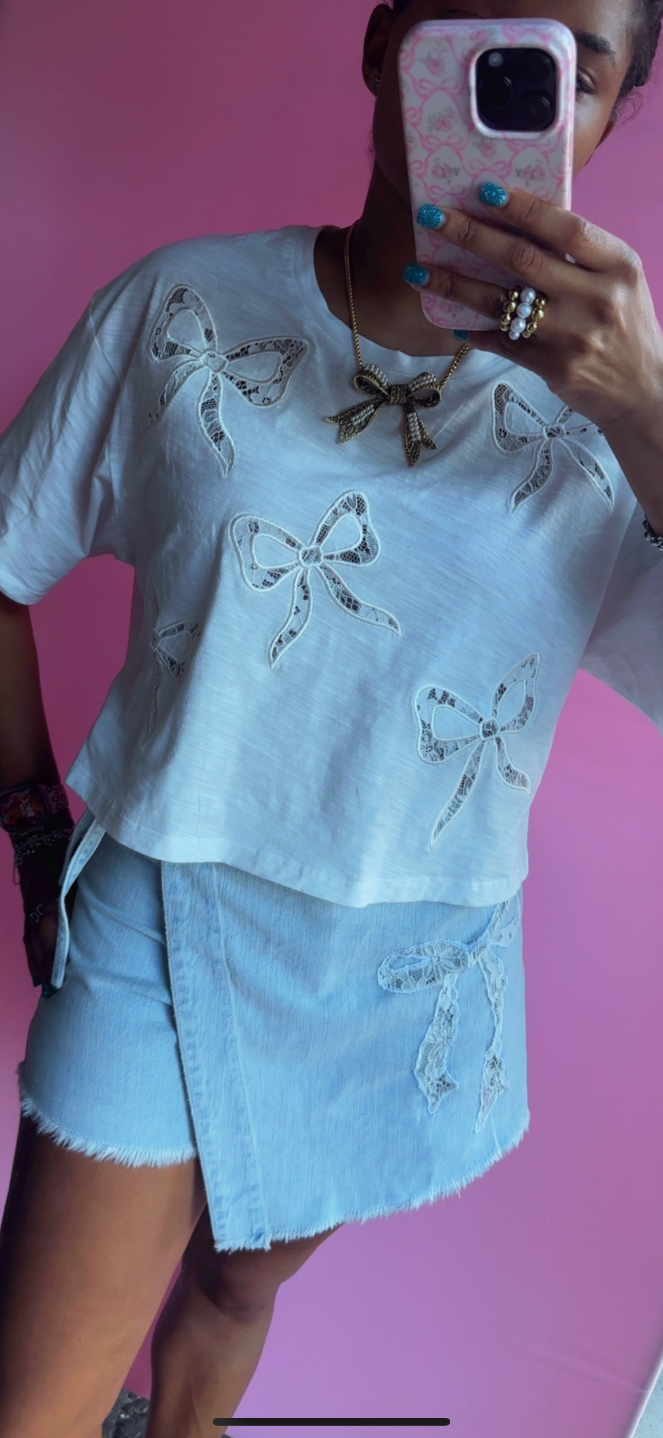 Washed Denim Bow Lace Motif Laser Cut Embroidery Detail Skort