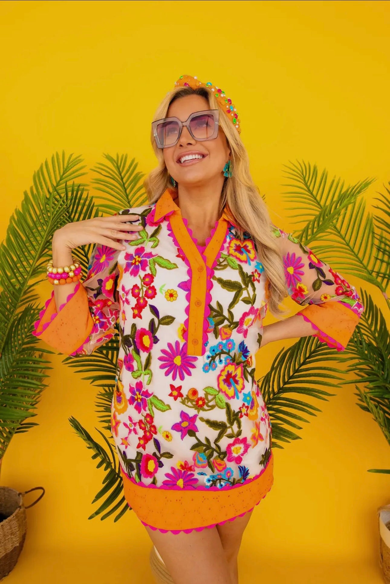Orange Floral Embroidered Shift Dress