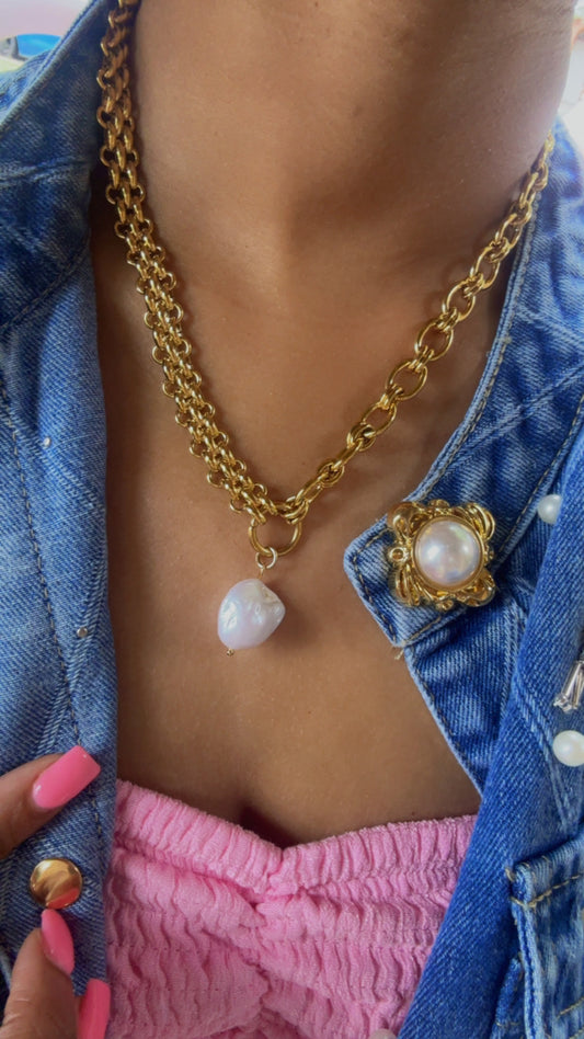 Gold Pearl 2 Chain Necklace