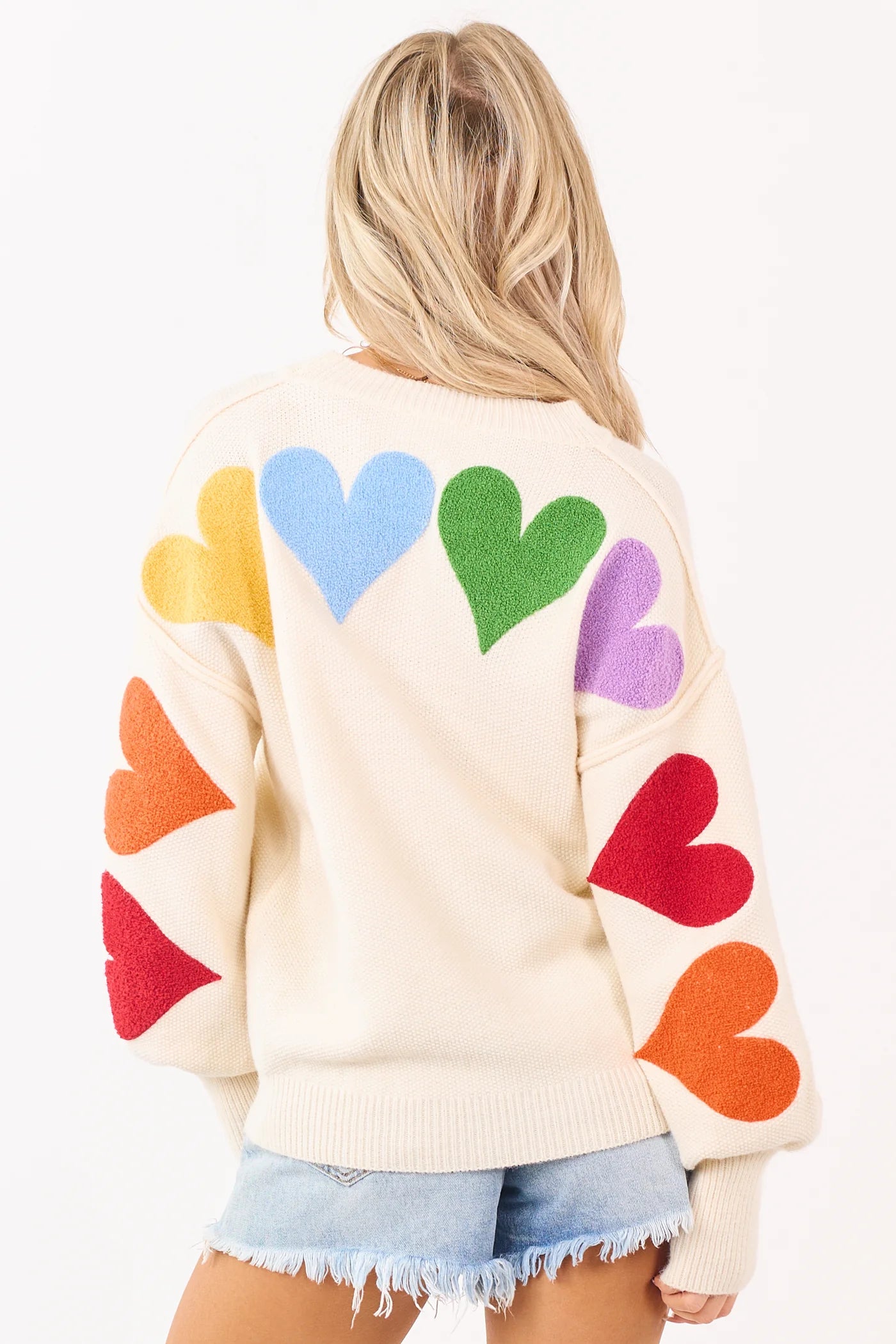 Mello Ivory Rainbow Heart Patch Relaxed Sweater