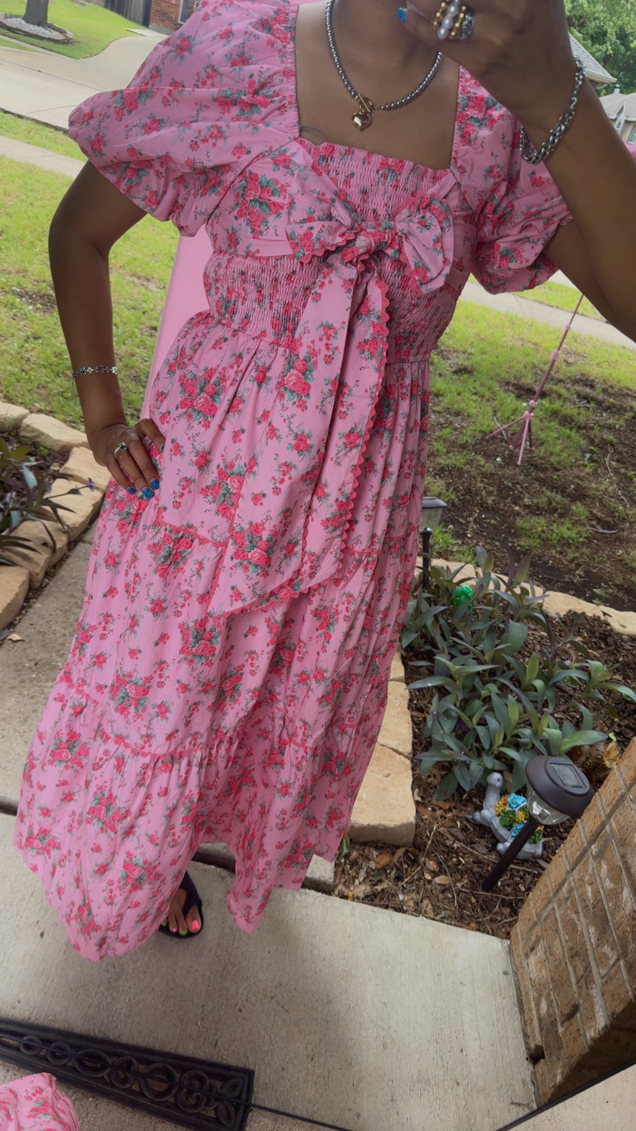 Pink Floral Printed Tiered Maxi Dress Front Bow Detail Bubble Sleeve