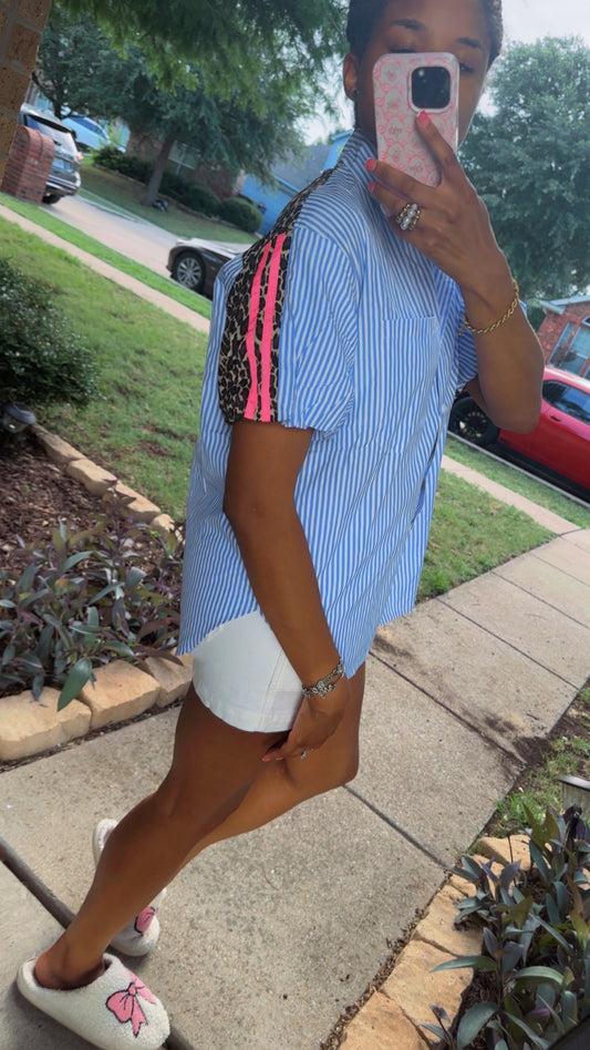 Striped Leopard Print Button Down Top