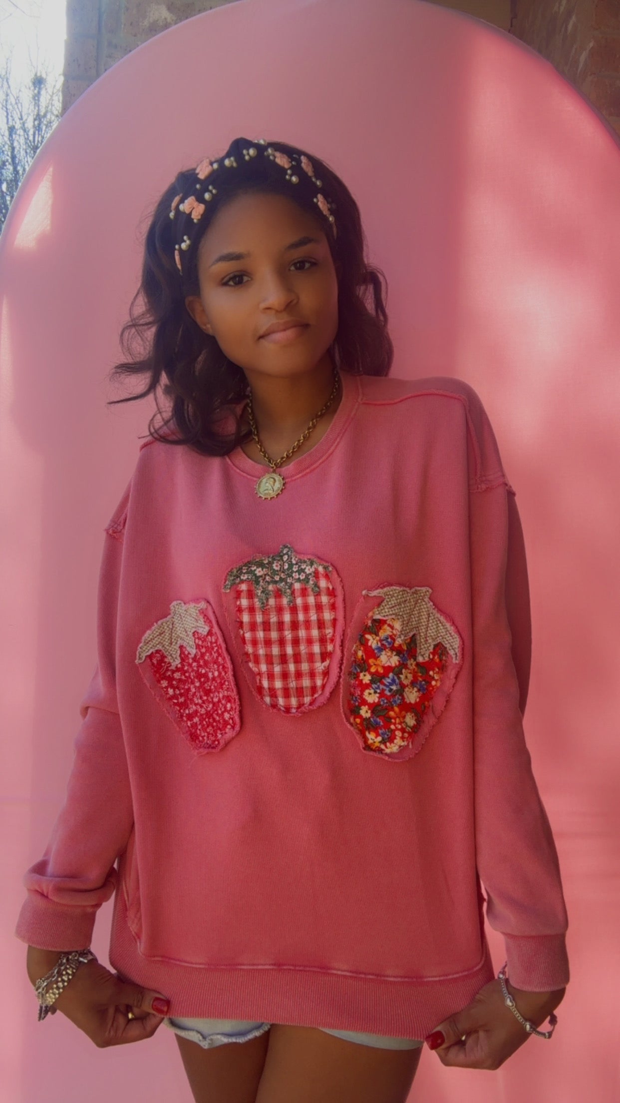 Fresh Pick Fruit Patch Pullover Top Strawberry Patchwork Sweatshirt