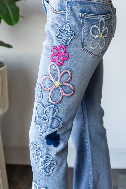 Washed Flower Embroidery Denim Pants