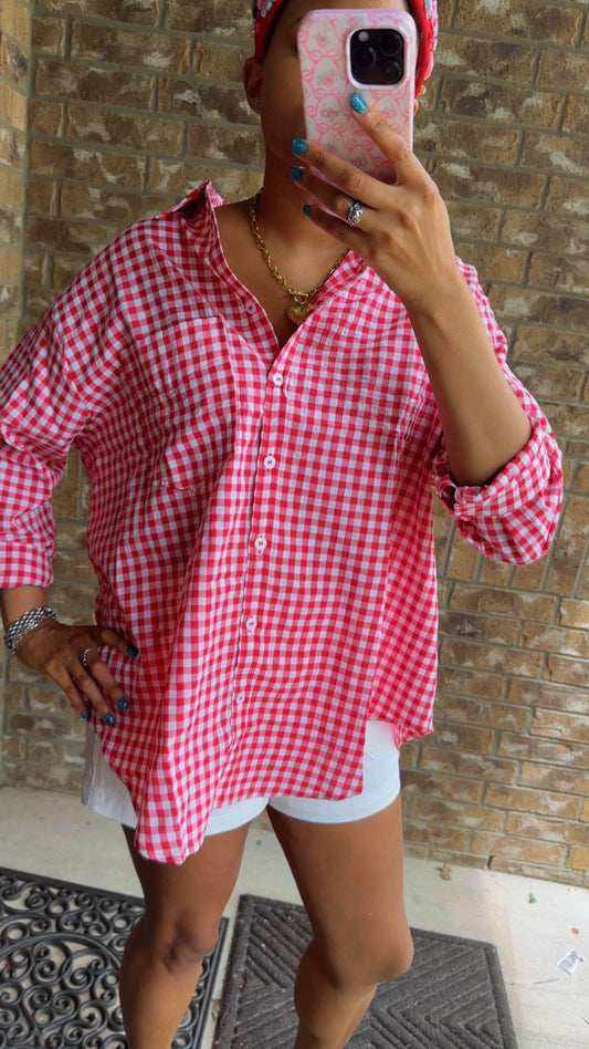 Red Gingham Long Sleeve Button Down Top
