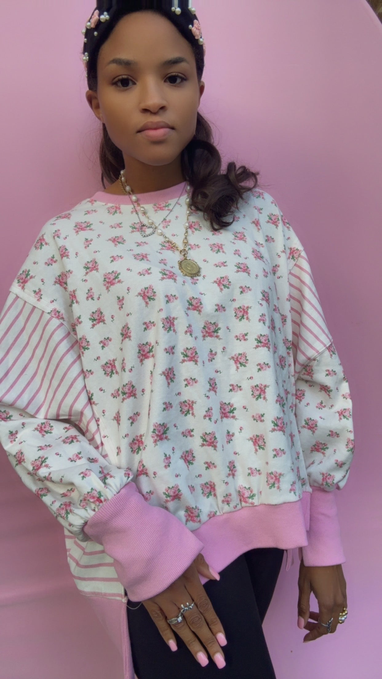 Pink Floral and Stripe Mixed French Terry Oversized Top Love Shack Fancy INSPIRED