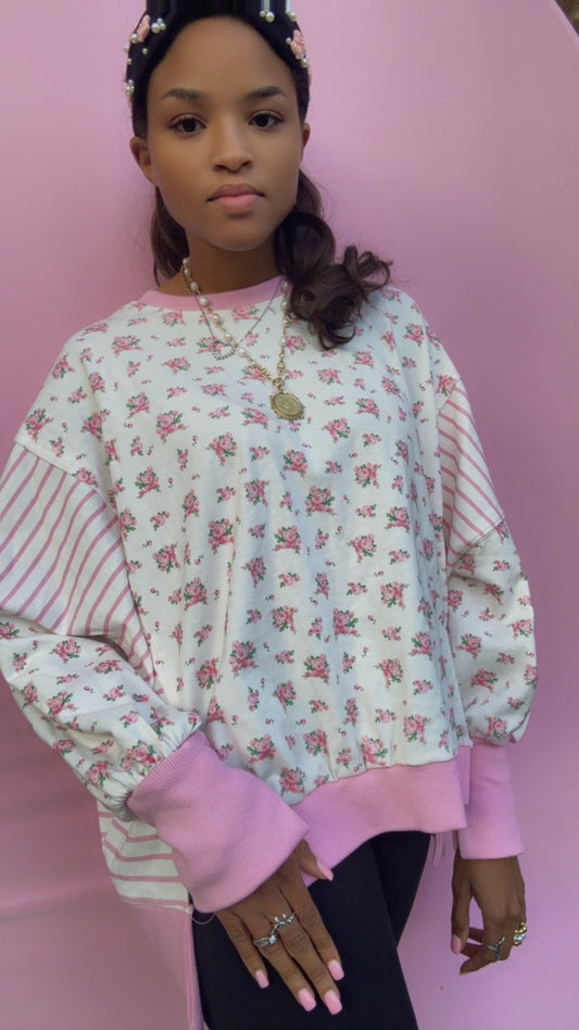Pink Floral and Stripe Mixed French Terry Oversized Top Love Shack Fancy INSPIRED