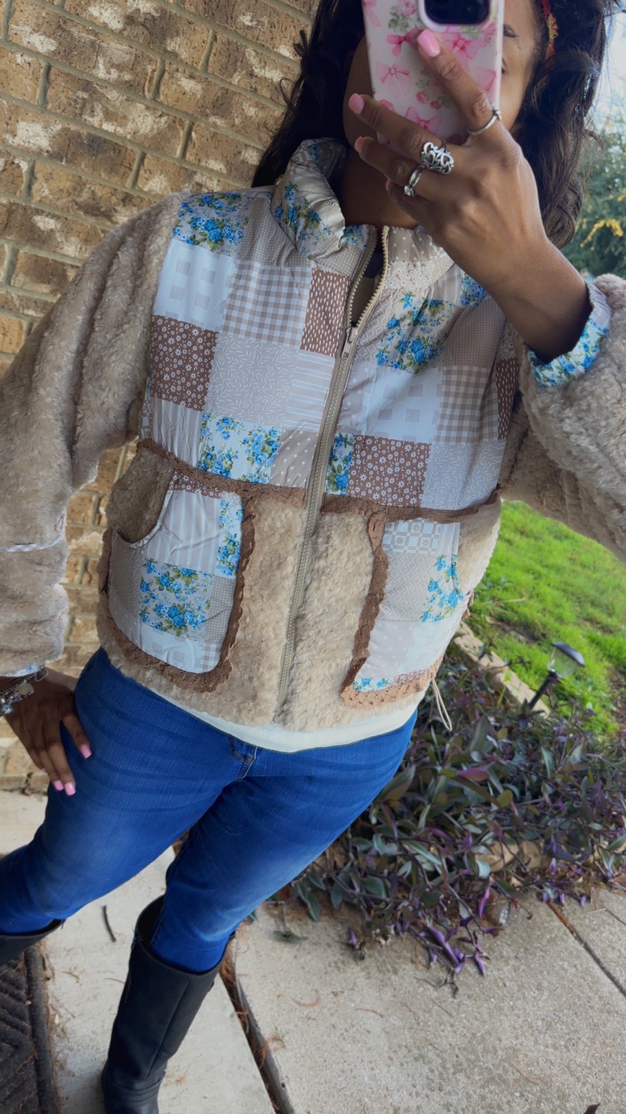 Boho Patchwork Sherpa Zip-Up Jacket