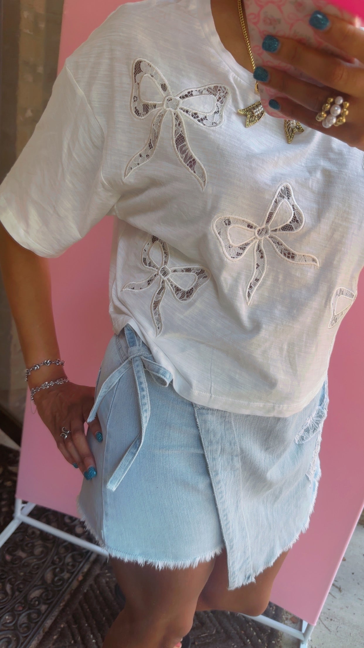 Washed Denim Bow Lace Motif Laser Cut Embroidery Detail Skort
