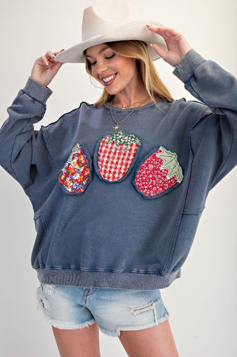 Fresh Pick Fruit Patch Pullover Top Strawberry Patchwork Sweatshirt