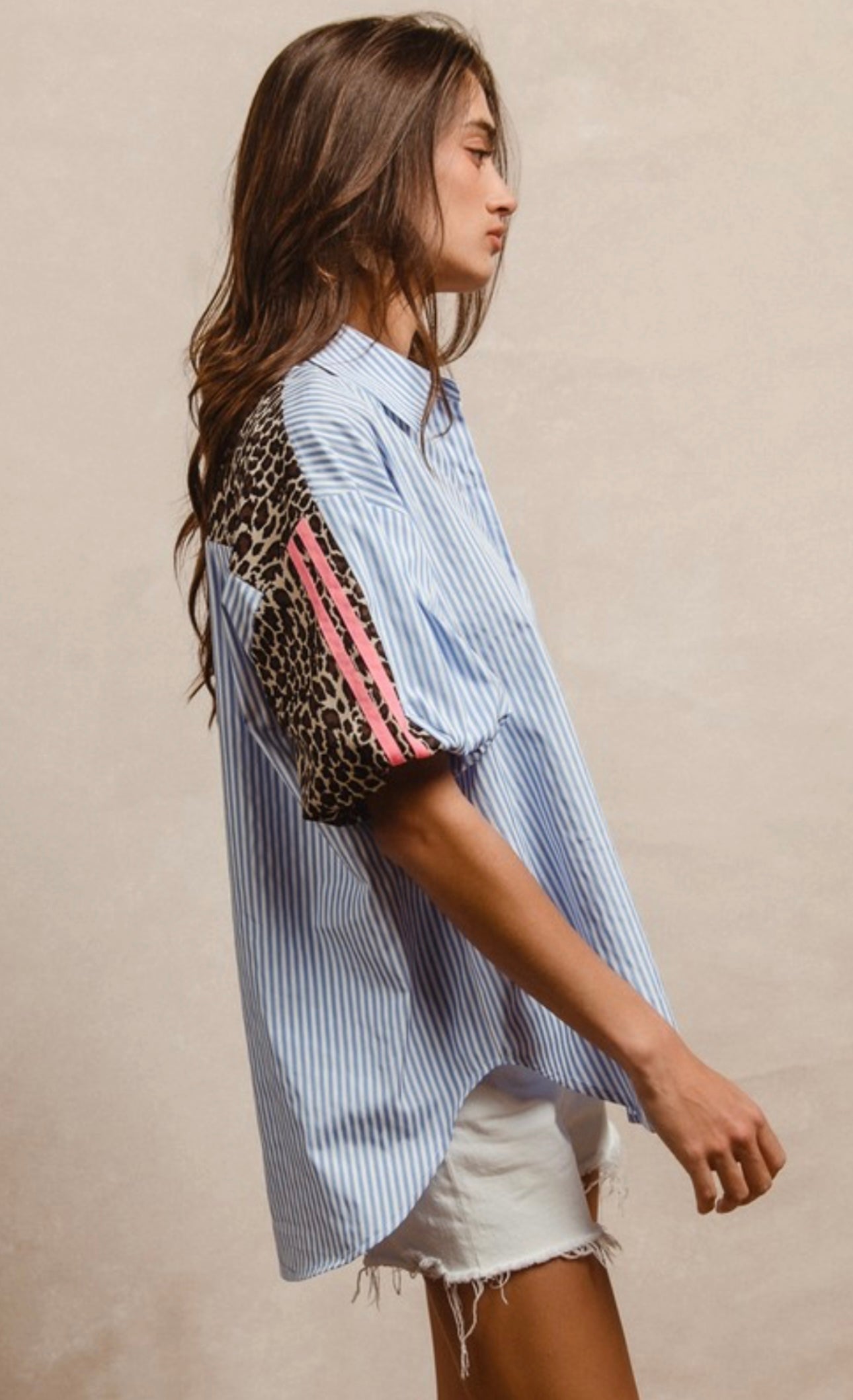 Striped Leopard Print Button Down Top