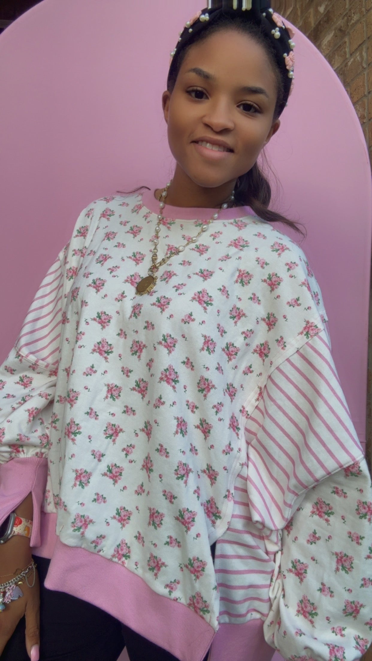 Pink Floral and Stripe Mixed French Terry Oversized Top Love Shack Fancy INSPIRED