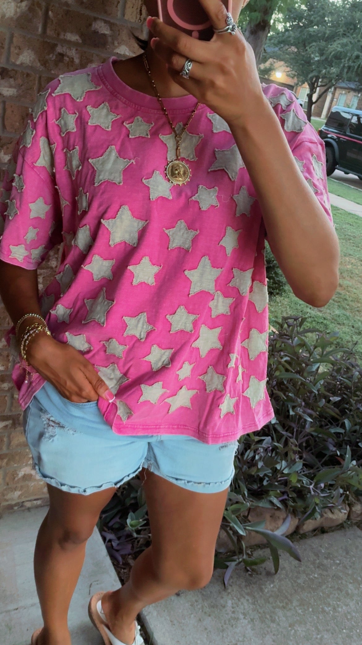 BlueVelvet Multi Size Star Patched Top in Hot Pink