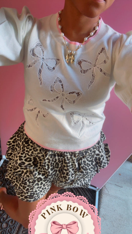 Bow Lace Laser Cut Embroidery Detail Short Sleeve Knit Top