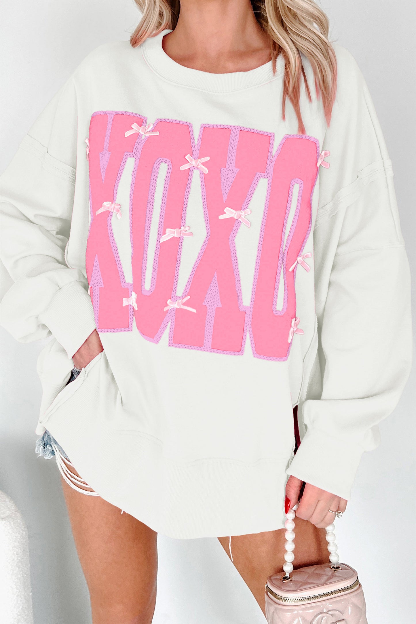 Pink & White Bow Sequin XOXO Letter Graphic Exposed Seam Baggy Sweatshirt