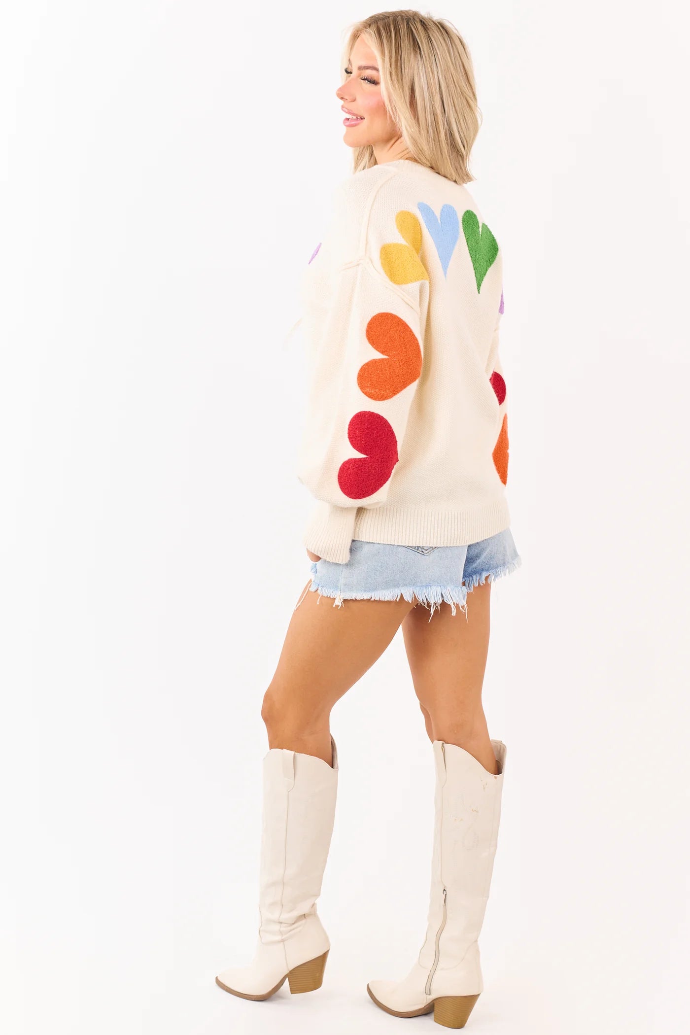Mello Ivory Rainbow Heart Patch Relaxed Sweater