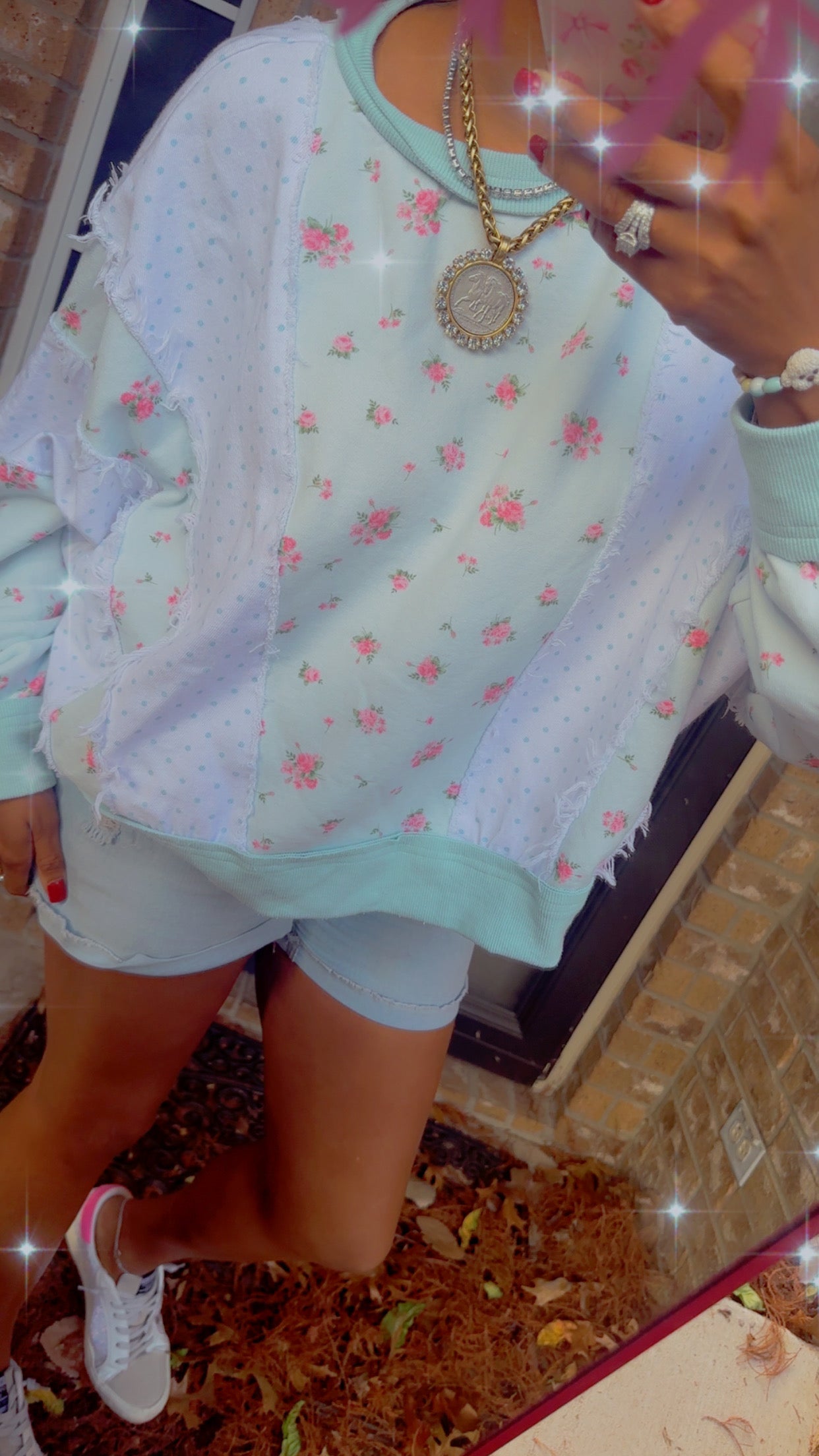 Pastel Ditsy Floral & Polka Dot Colorblock Batwing Sweatshirt