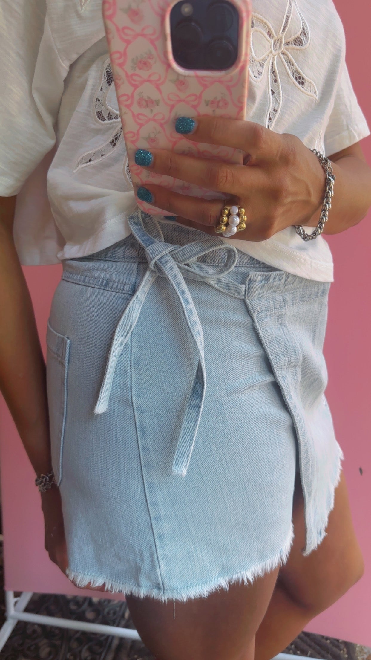 Washed Denim Bow Lace Motif Laser Cut Embroidery Detail Skort