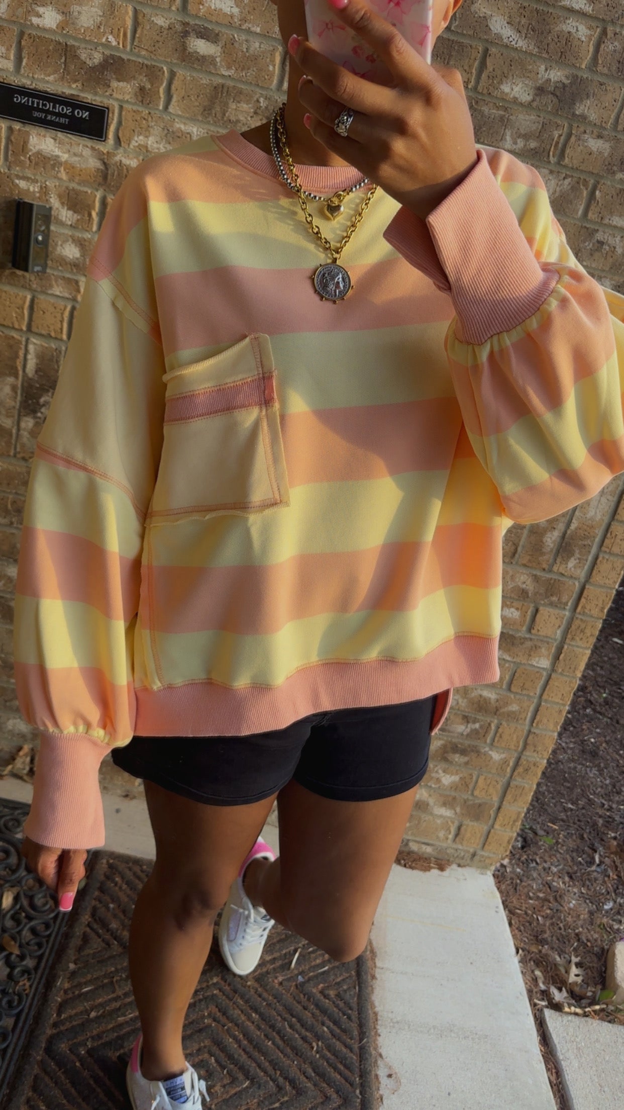 Peach & Yellow Striped Color Block Pocket Terry Sweatshirt