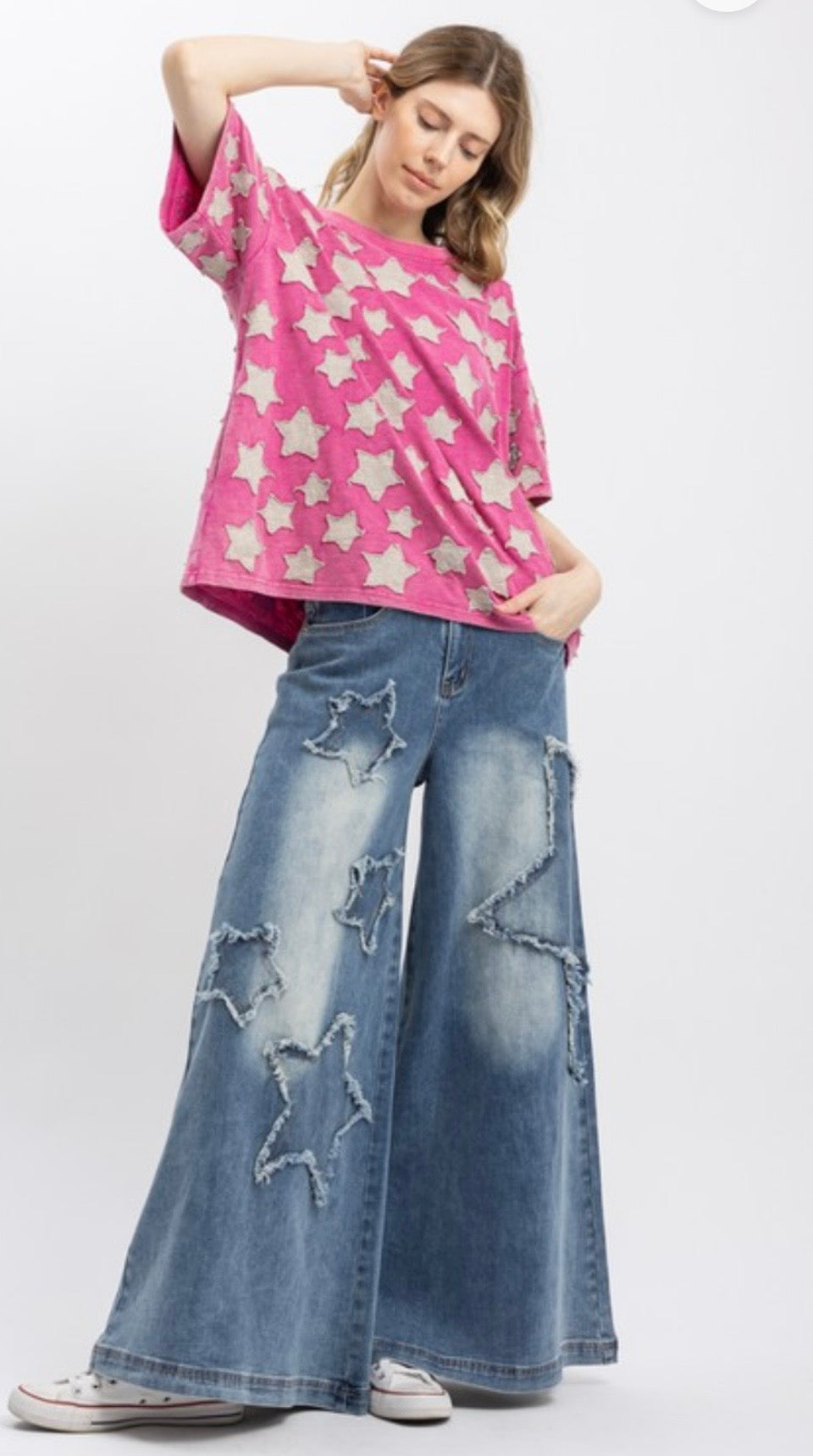 BlueVelvet Multi Size Star Patched Top in Hot Pink