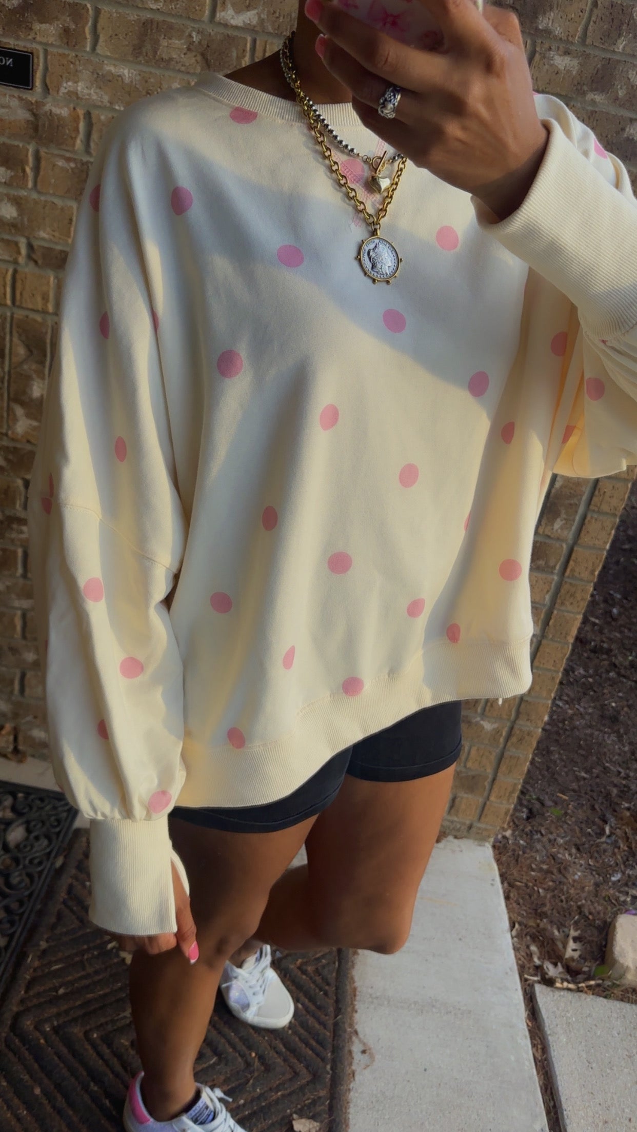 Ivory & Pink Polka Dot Print French Terry Oversized Sweatshirt