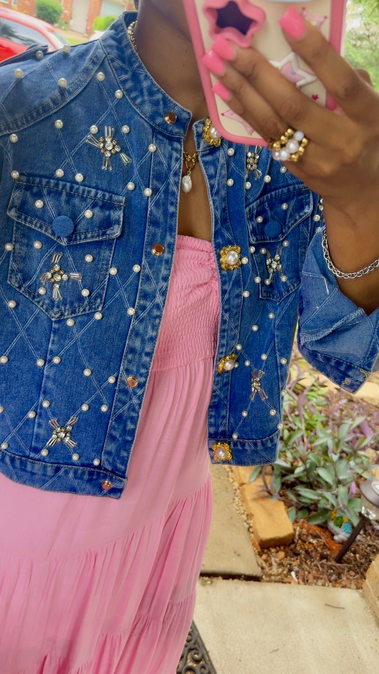 Pearl & Rhinestone Embellished Denim Jacket