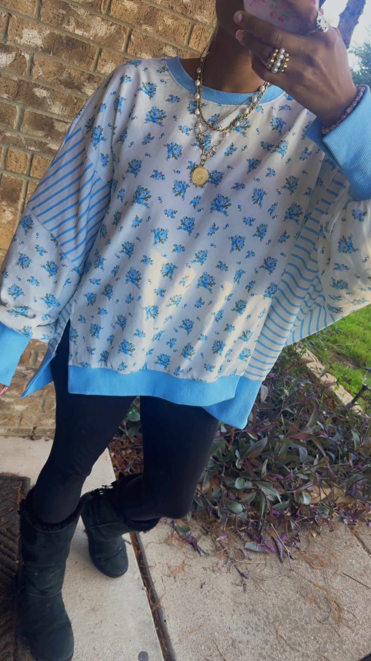 Blue Floral and Stripe Mixed French Terry Oversized Top