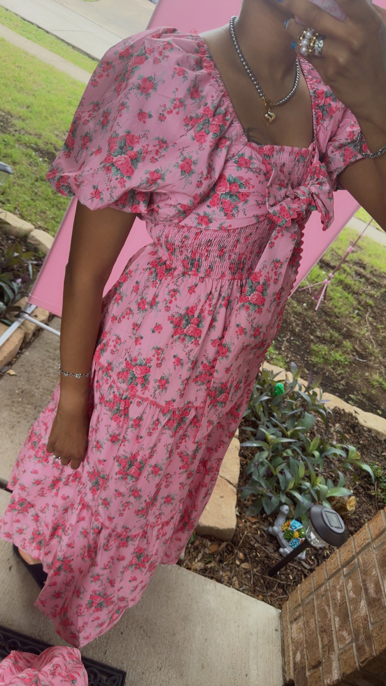 Pink Floral Printed Tiered Maxi Dress Front Bow Detail Bubble Sleeve