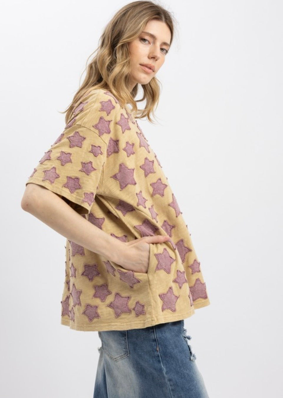BlueVelvet Multi Size Star Patched Top in Taupe