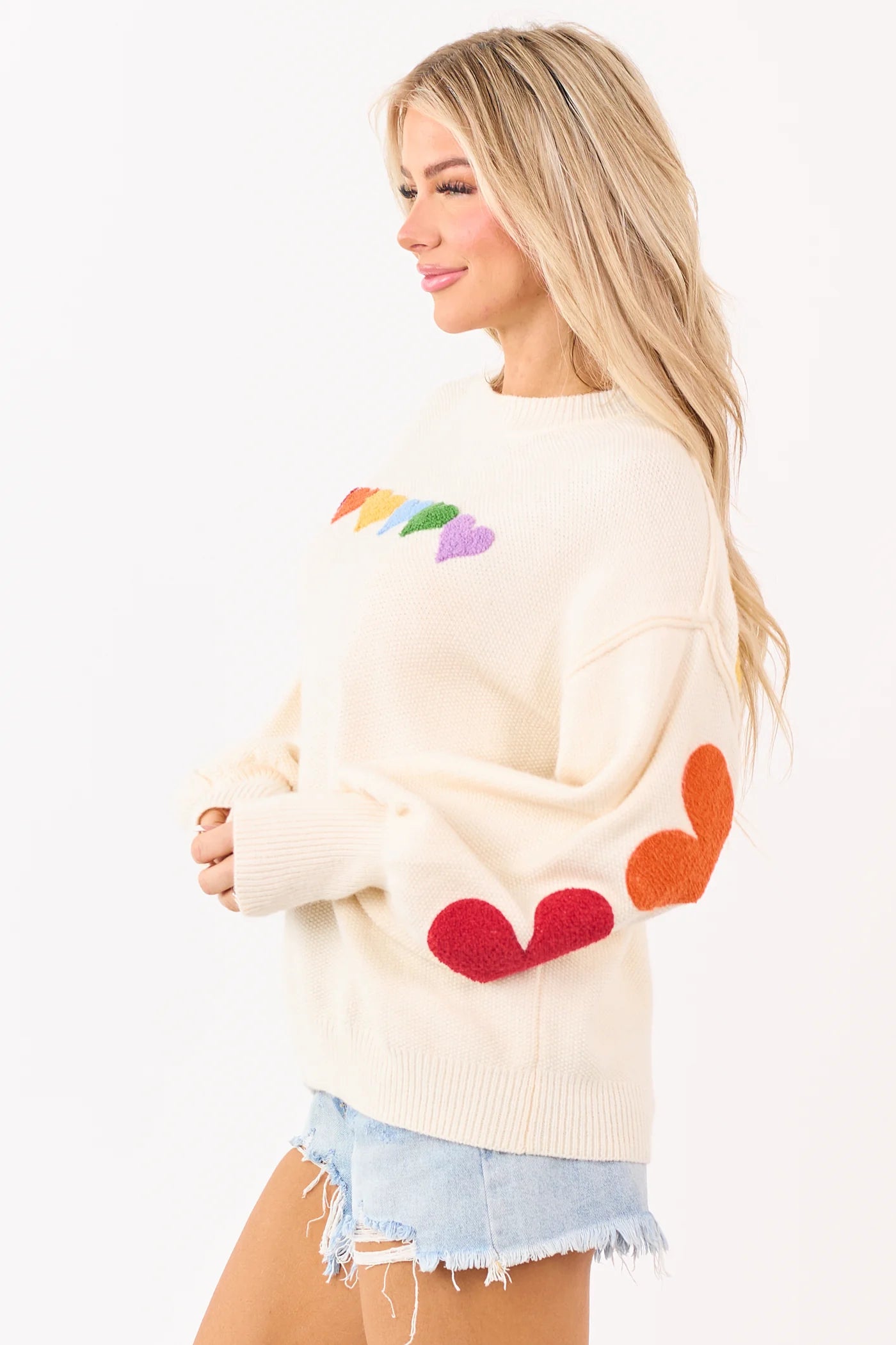 Mello Ivory Rainbow Heart Patch Relaxed Sweater