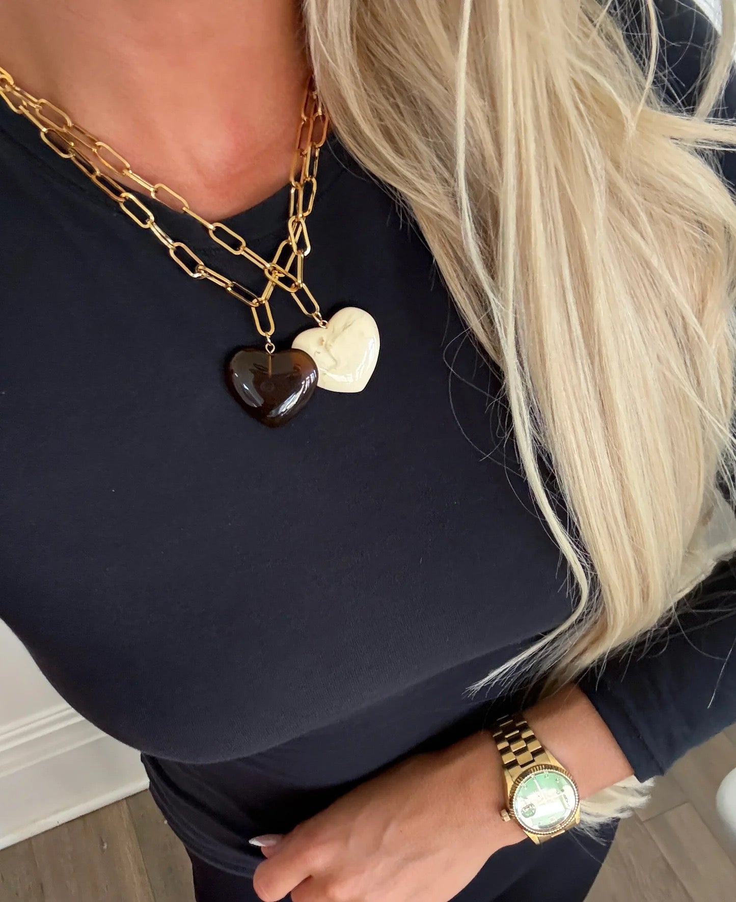 Gold Resin Heart Pendant Necklace  Minimalist 18K Gold Plated Stainless Steel Necklace