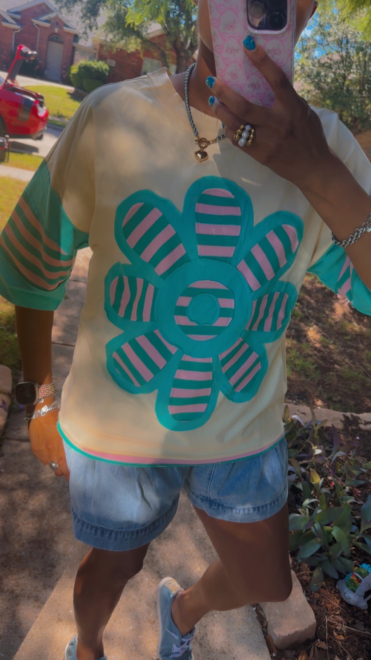 Colorblock Stripe Flower Patchwork Top