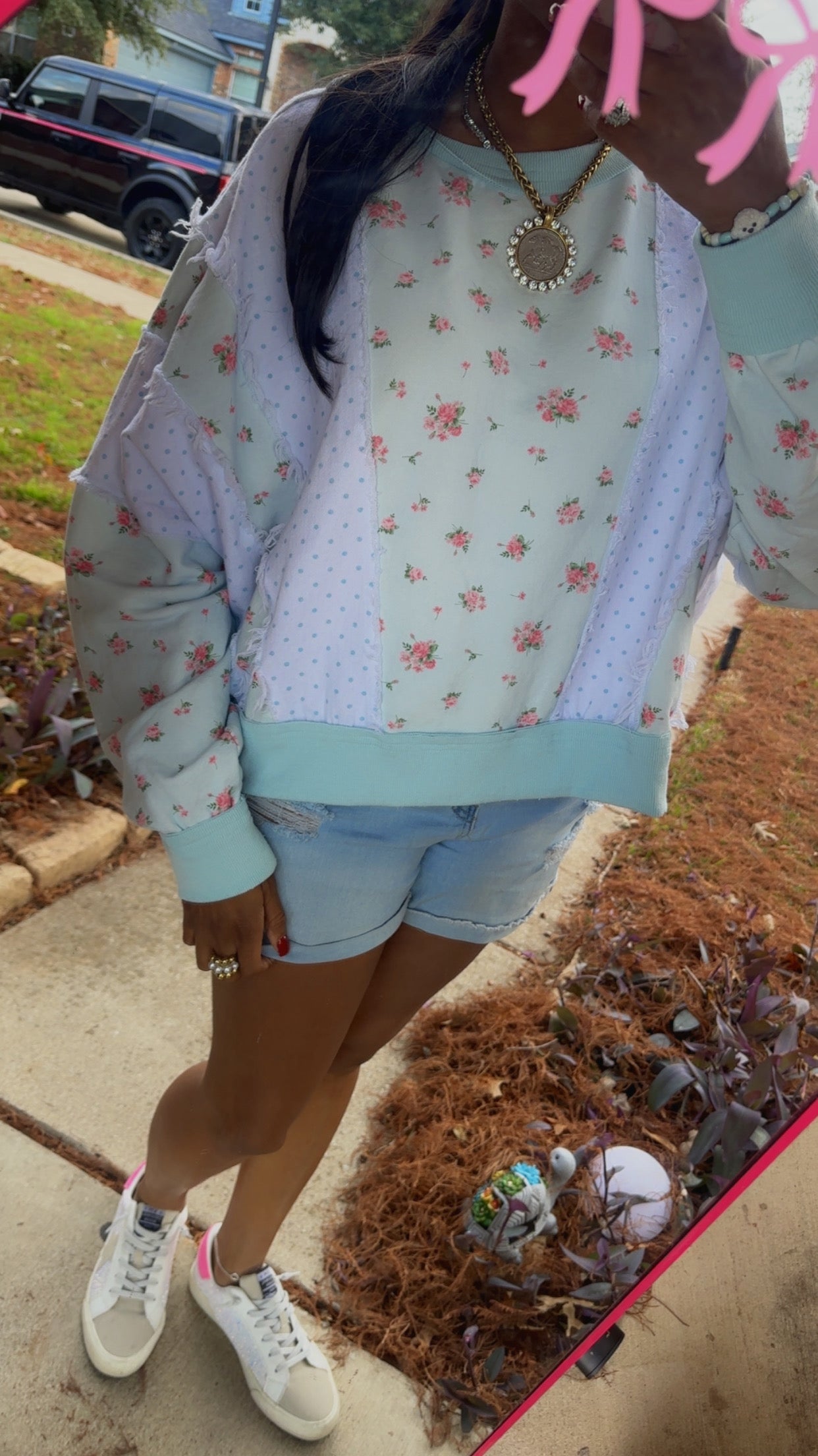 Pastel Ditsy Floral & Polka Dot Colorblock Batwing Sweatshirt