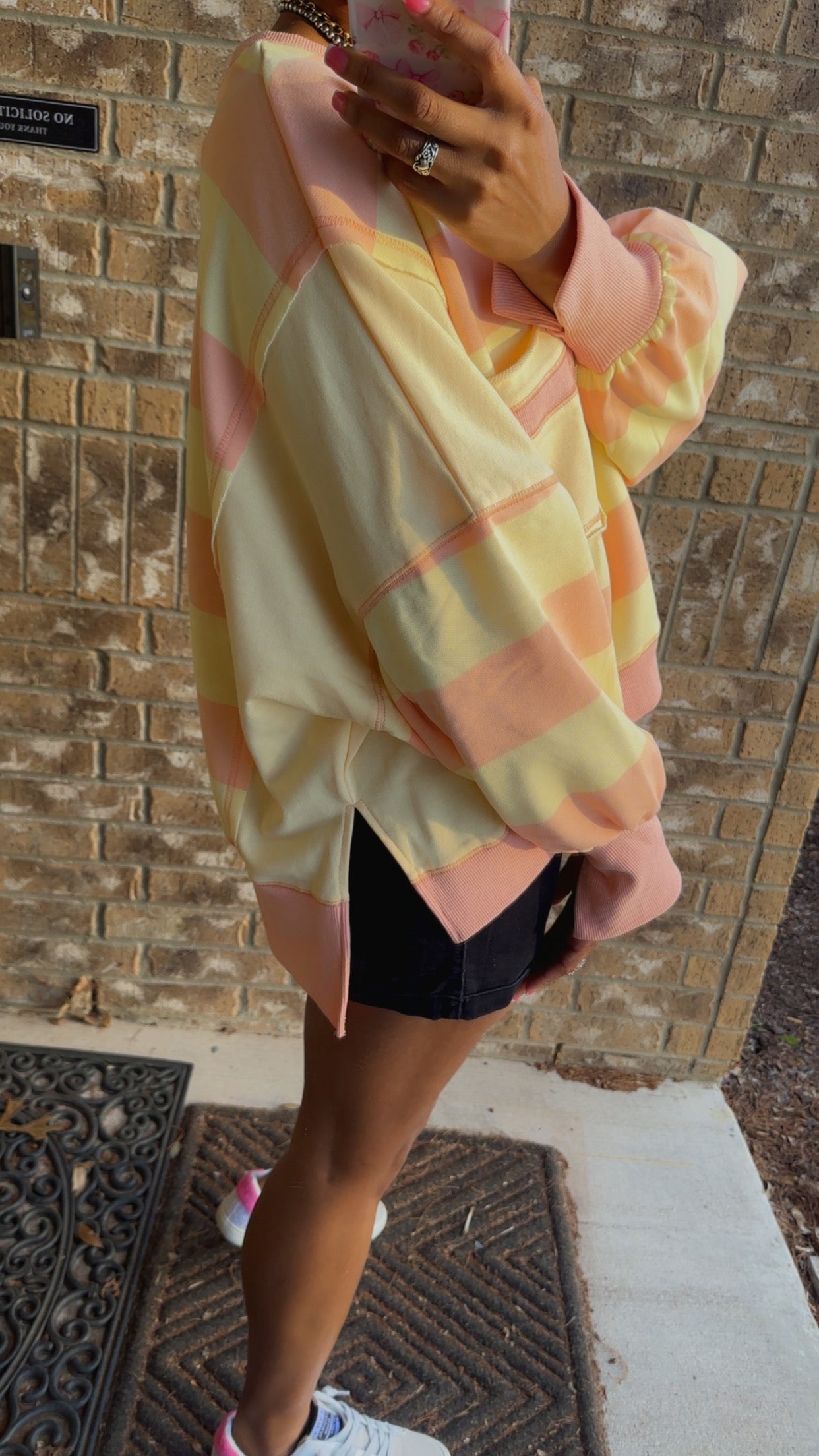 Peach & Yellow Striped Color Block Pocket Terry Sweatshirt