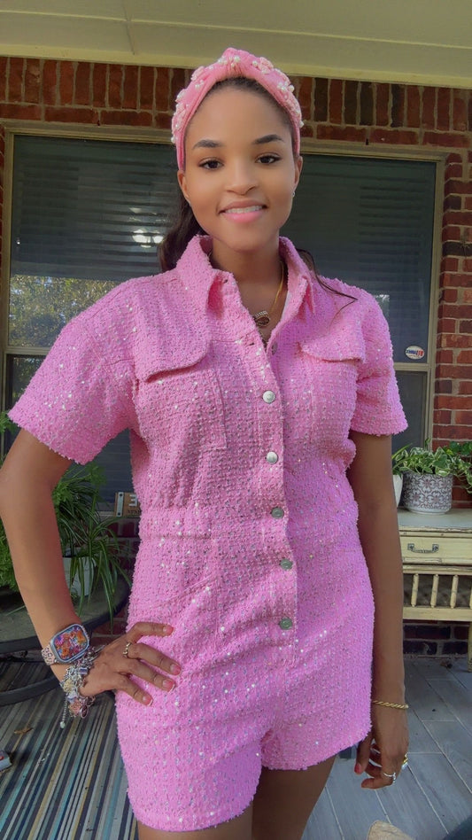 Pink Sparkly Denim Romper