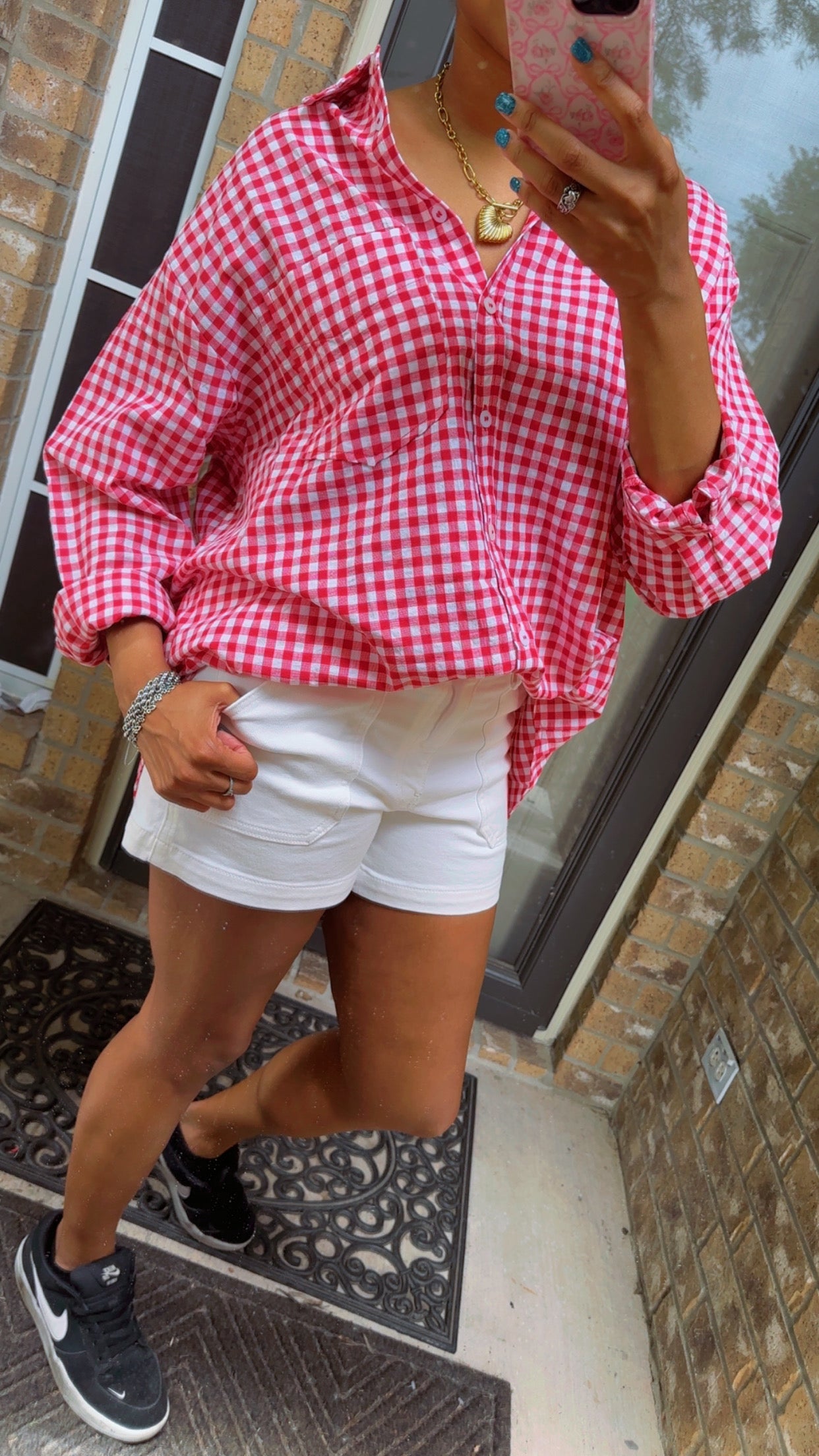 Red Gingham Long Sleeve Button Down Top