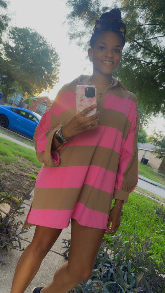Pink & Mocha Striped Long Sleeve Oversized Dress Shirt