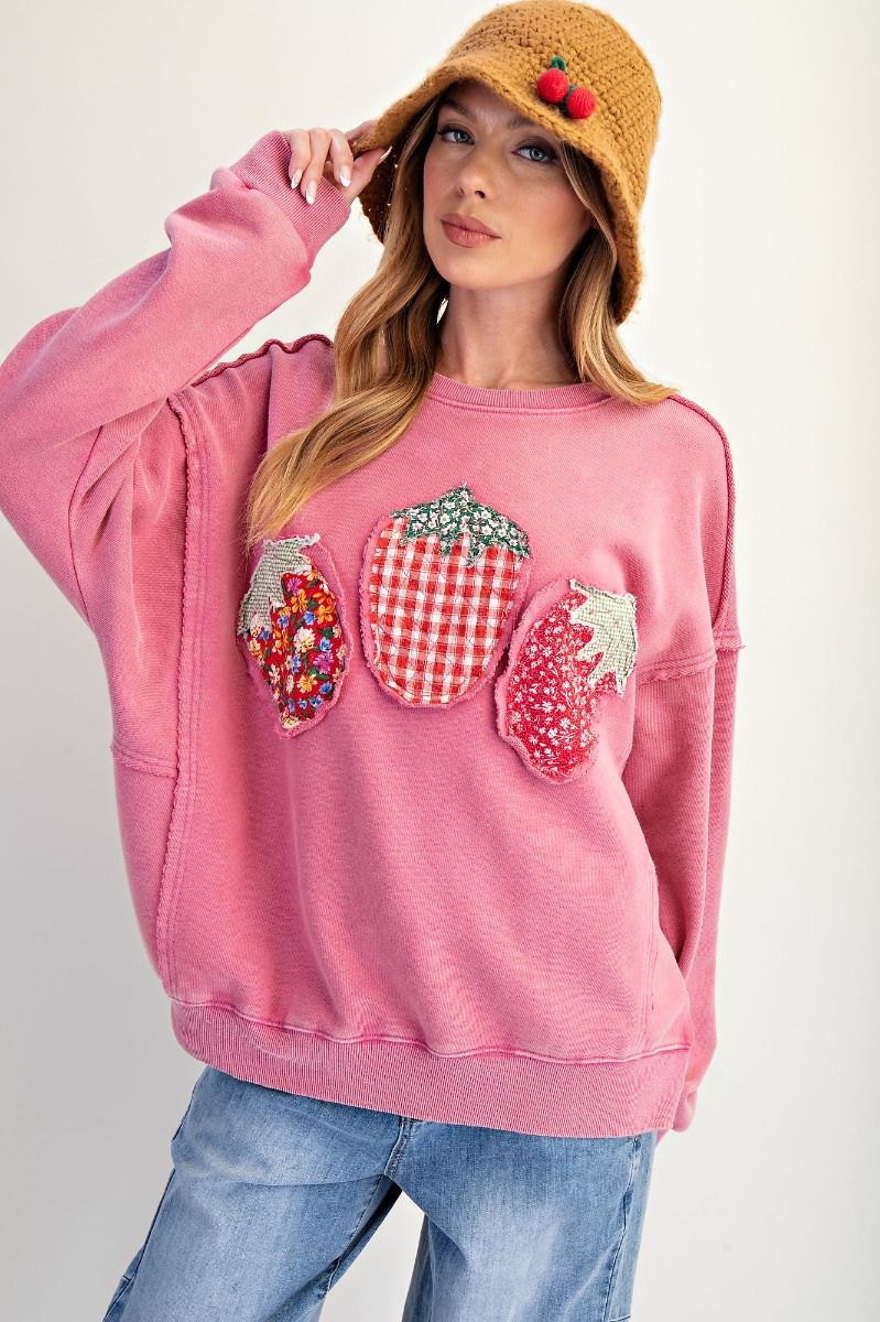 Fresh Pick Fruit Patch Pullover Top Strawberry Patchwork Sweatshirt
