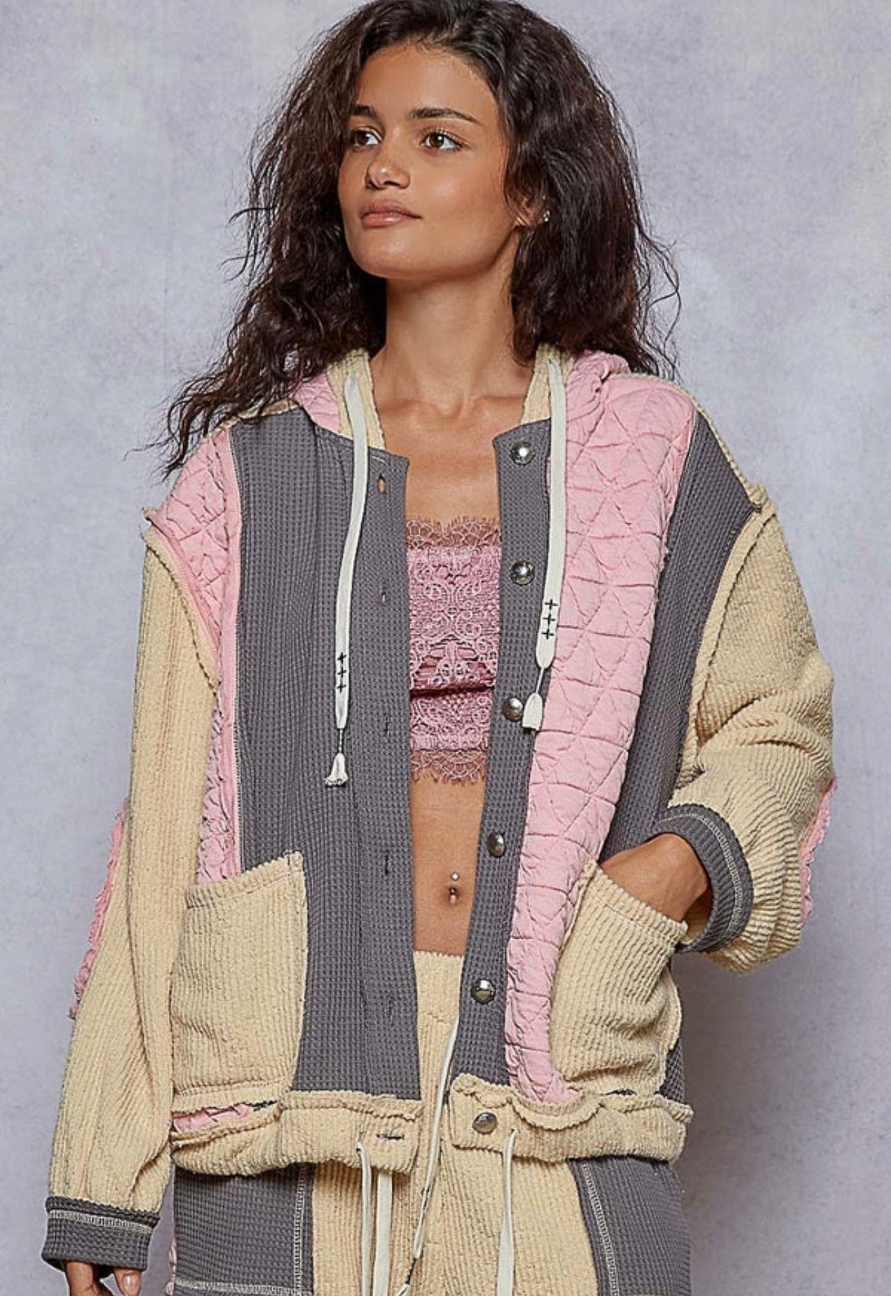 POL Quilted Fabric Colorblock Button Down Jacket