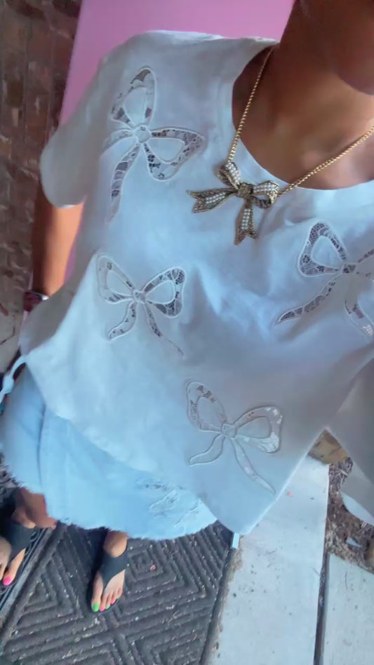 Bow Lace Laser Cut Embroidery Detail Short Sleeve Crop Tee