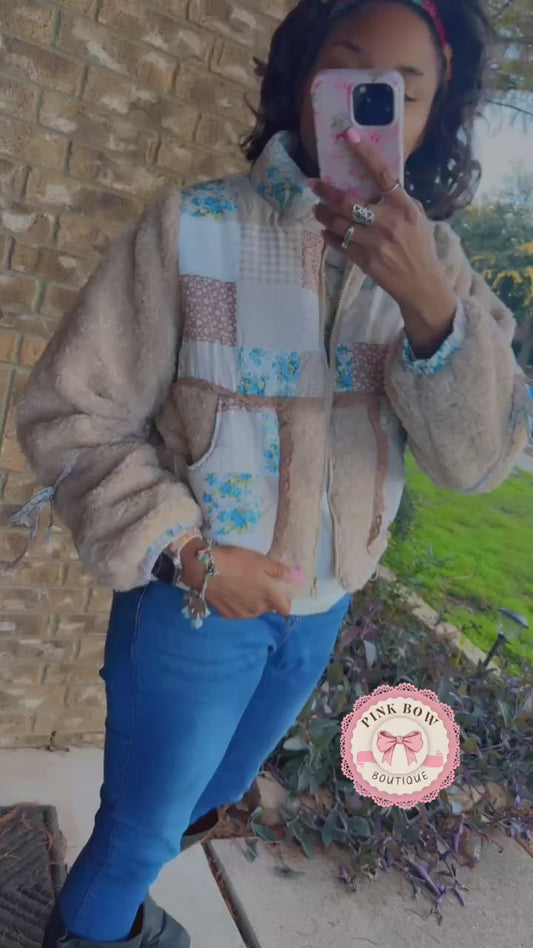 Boho Patchwork Sherpa Zip-Up Jacket